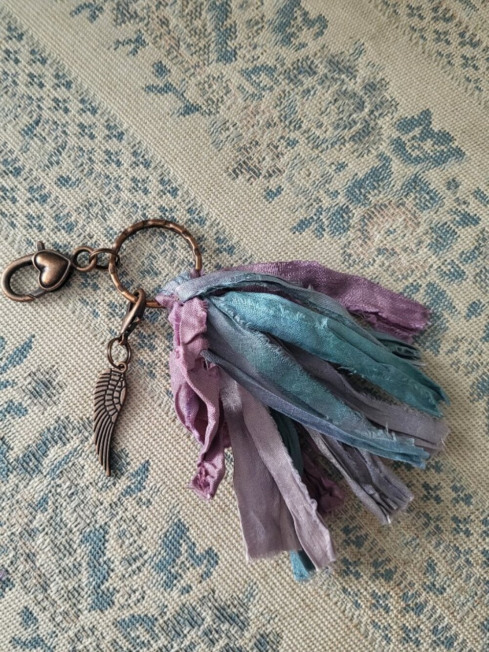 Boho Silk Ribbon Tassel Bag Charm Keychain Purple Teal Angel Wing Zipper Pull